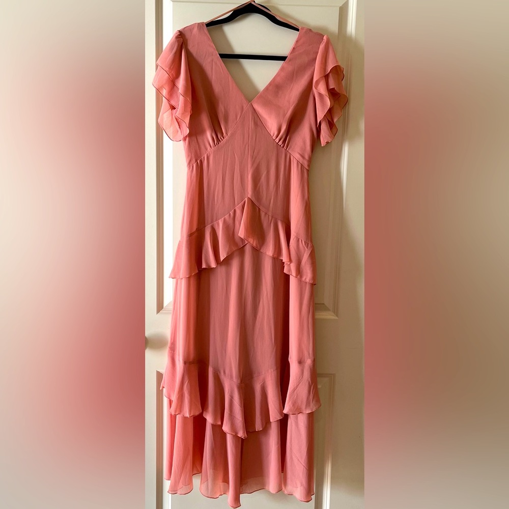 Warehouse tiered maxi dress with ruffles in pink, US Size 8
